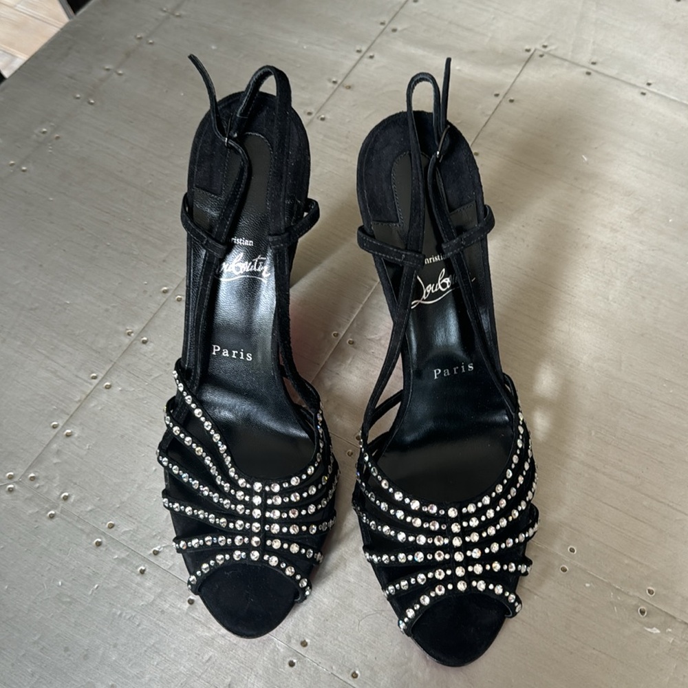 Christian Louboutin vegastrassima black suede rhinestone pump 100mm sz 41 - Picture 5 of 12